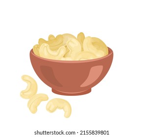 Cashew in brown bowl isolated on white. Vector flat illustration of nuts. Organic, vegan, healthy food icon.