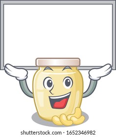 A cashew butter mascot picture raised up board