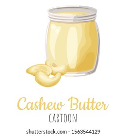 Cashew butter spread vector illustration, cartoon isolated colorful nut butter in a jar.