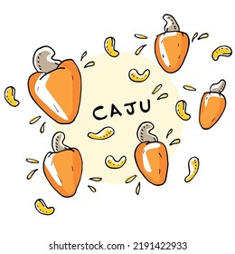 Cashew "Caju". Brazilian tropical fruit, fresh, organic, vector illustration, hoopoe, cashew nut. Hand-drawn, with hand lettering. Typical of Ceará and northeast of Brazil. Rich in Vitamin C and iron.