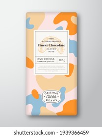 Cashew Chocolate Label Abstract Shapes Vector Packaging Design Layout with Realistic Shadows. Modern Typography Hand Drawn Nuts Silhouette and Colorful Camouflage Pattern Background. Isolated.