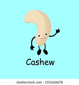 Cashew. Cute nut character with hands and eyes. Cartoon fruit or vegetable. Useful vegan food