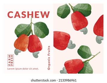 Cashew Fruit Packaging Design Vorlagen, Aquarell Stil Vektorgrafik.