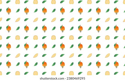 Cashew fruit whole, leaf and slice seamless pattern.Beautiful vector seamless pattern with whole Cashew fruit, leaves and Cashew fruit pieces. Doodles. Suitable for wallpaper,  surface textures.