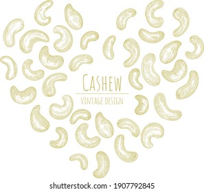 Cashew in the heart shape. Isolated vector objects. Vintage sketch illustration.