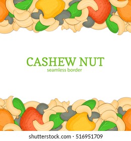 Cashew Horizontal seamless border. Vector illustration card top and bottom of a delicious cashew nut fruit in the shell whole shelled leaves appetizing looking for packaging design of healthy food