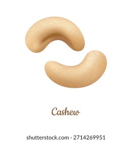 Caju, grãos realistas isolados. Vetor vegano substituto de leite. Nozes torradas ou cruas para alimentação equilibrada e nutrição. Produto orgânico e natural para comer. Suplementos e lanche