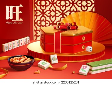 Cashew jar gift ad template. 3D Double layered hexagon gift box and a bowl of cashew surrounded by mahjong tiles. Text: Thriving. Fa. Liuwan. Qiwan. Bawan.