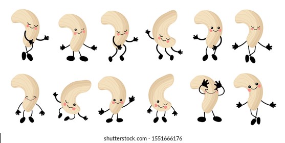Cashew. a large set of Cute Nuts characters with hands and eyes. Cartoon fruit or vegetable. Useful vegan food. Isolated on white background.