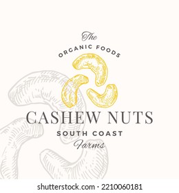 Vorlage für Cashew-Logos. Handgezeichnete Nüsse Skizze mit Retro Typografie. Premium-Pflanzenbasierte Vegan Food-Badge Emblem. isoliert