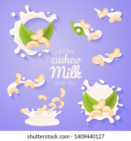 Cashew in milk splash. Big splash set. Vegan alternative organic filbert milk flow pour. Non dairy drink or yogurt.