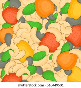 The cashew nut background Closely spaced delicious cashew vector illustration Nuts pattern walnut fruit in the shell whole shelled leaves appetizing looking for packaging design of healthy food