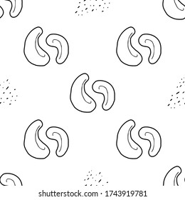 Cashew nut hand drawn vector seamless pattern. Outline monochrome texture made in doodle style.Fruit 
background for package, merch, wallpaper, menu and other design.