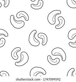 Cashew nut hand drawn vector seamless pattern. Outline monochrome texture made in doodle style.Fruit 
background for package, merch, wallpaper, menu and other design.