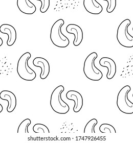 Cashew nut hand drawn vector seamless pattern. Outline monochrome texture made in doodle style.Fruit 
background for package, merch, wallpaper, menu and other design.