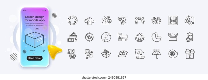 Cashew nut, Money box and Metro map line icons for web app. Phone mockup gradient screen. Pack of Cloud sync, Seo idea, Account pictogram icons. Hold box, Social distancing, Money wallet signs. Vector