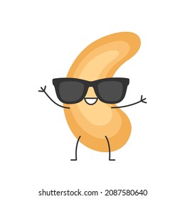 Cashew nut sunglasses cute character cartoon emotions joy happy smiling face icon beautiful vector illustration.