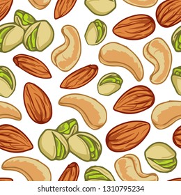 Cashew nuts, almond and pistachios seamless pattern. Colored nuts on on white background. Hand drawn vector illustration.