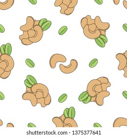 Cashew nuts colored isolated seamless pattern on white background.