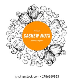 Cashew nuts hand drawn sketch. Cashew nuts label, logo. Nuts vector illustration. Organic healthy food. Great for packaging design. Engraved style. Black and white color.