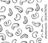 Cashew nuts hand drawn vector seamless pattern. Black and white background with cashew seeds. Element for label design