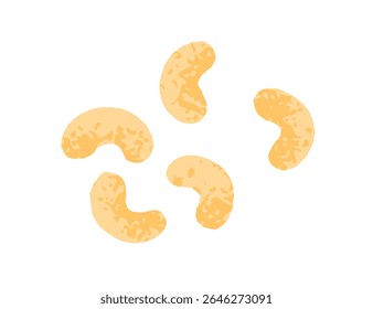 Cashew nuts, healthy vegan protein snack. Tasty vegetarian food. Sweet kernels, vitamin eating, scattered, flying composition. Natural ingredient. Flat vector illustration isolated on white background