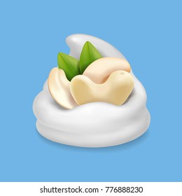 Cashew nuts in ice cream or whipped cream realistic vector