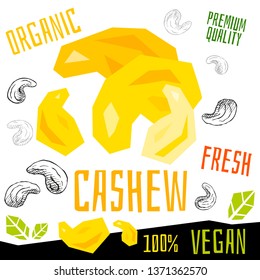 Cashew nuts icon herb label fresh organic condiment, nuts herbs spice condiment color graphic design vegan food. Hand drawn vector illustrations.
