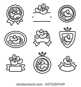 Etiquetas de anacardos y juego de iconos. Iconos de nueces de cajú de colección. Vector