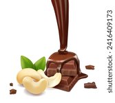 Cashew nuts and liquid pouring chocolate. Nuts and chocolate bar pieces 3d realistic vector