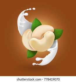 Cashew nuts in milk splash realistic isolated