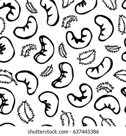 Cashew Nuts and Mint Leaves Seamless. Doodle Style Vector Design, Isolated on White Background.