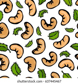 Cashew Nuts and Mint Leaves Seamless. Doodle Style Vector Design, Isolated on White Background.