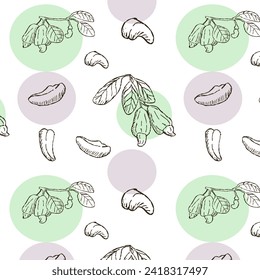 Cashew nuts on brunch with simple shapes seamless pattern. Vector illustration for wrapping, wallpaper. 
