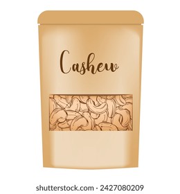 Cashew nuts in a package made of thick paper with a window made of transparent film.