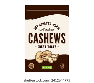 Cashew nuts packaging design template. Vector cashew nuts illustration. Food label design