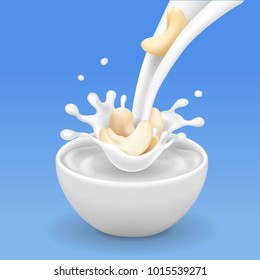 Cashew nuts in pouring milk and white bowl realistic