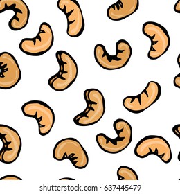 Cashew Nuts Seamless. Doodle Style Vector Design, Isolated on White Background.