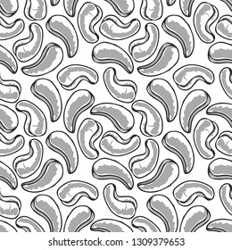 Cashew nuts seamless pattern. Black contour on white background. Hand drawn vector illustration. 