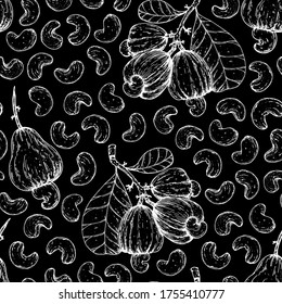 Cashew nuts seamless pattern. Cashew hand drawn sketch. Nuts vector illustration. Organic healthy food. Great for packaging design. Engraved style. Black and white color.