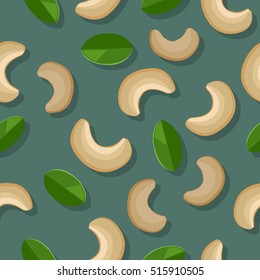 Cashew nuts seamless pattern. Ripe cashew nuts with leaves in flat. Cashew nuts on a dark green background. Several cashew nuts. Healthy vegetarian food. Vector illustration