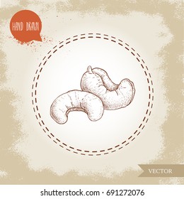 Cashew nuts sketch hand drawn. Group roasted nuts isolated on old background. Healthy eco food vector illustration.