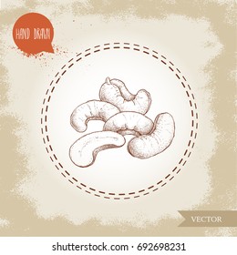 Cashew nuts sketch hand drawn. Roasted nuts composition isolated on old background. Healthy eco food vector illustration.