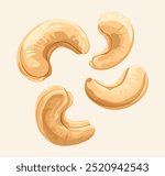 Cashew Nuts Vector Illustration. Whole and Half Cashews in Cartoon Style Isolated on White. Healthy, Organic Snack Icons.