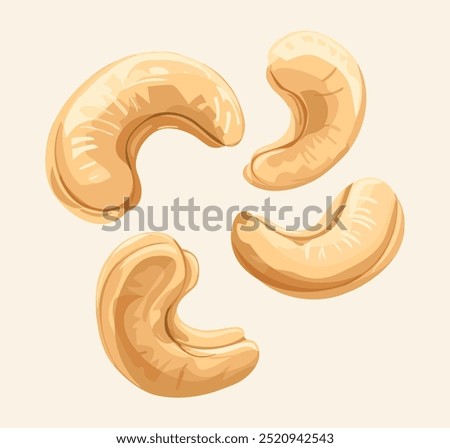 Cashew Nuts Vector Illustration. Whole and Half Cashews in Cartoon Style Isolated on White. Healthy, Organic Snack Icons.