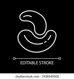 Cashew nuts white linear icon for dark theme. Nutrient food for diet. Grocery foodstuff. Thin line customizable illustration. Isolated vector contour symbol for night mode. Editable stroke