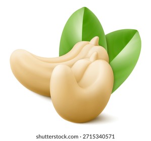 Nueces de anacardo enteras y medio aisladas sobre fondo blanco. Nutrición orgánica natural comida vegetariana. Ingrediente de cocina saludable. Tratamiento saludable, una fuente de proteína. Ilustración vectorial 3D realista