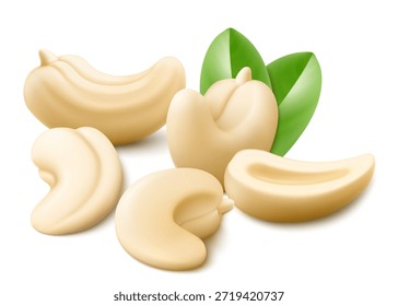 Nueces de anacardo enteras y medio aisladas sobre fondo blanco. Nutrición orgánica natural comida vegetariana. Ingrediente de cocina saludable. Tratamiento saludable, una fuente de proteína. Ilustración vectorial 3D realista