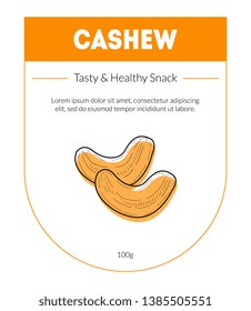 Cashew Organic Nut Packaging Design Label, Tasty and Healthy Snack Card Vector Illustration