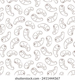 Cashew seamless pattern in line art style. Hand drawn design for label, sticker, menu, package. Vector illustration isolated on a white background.